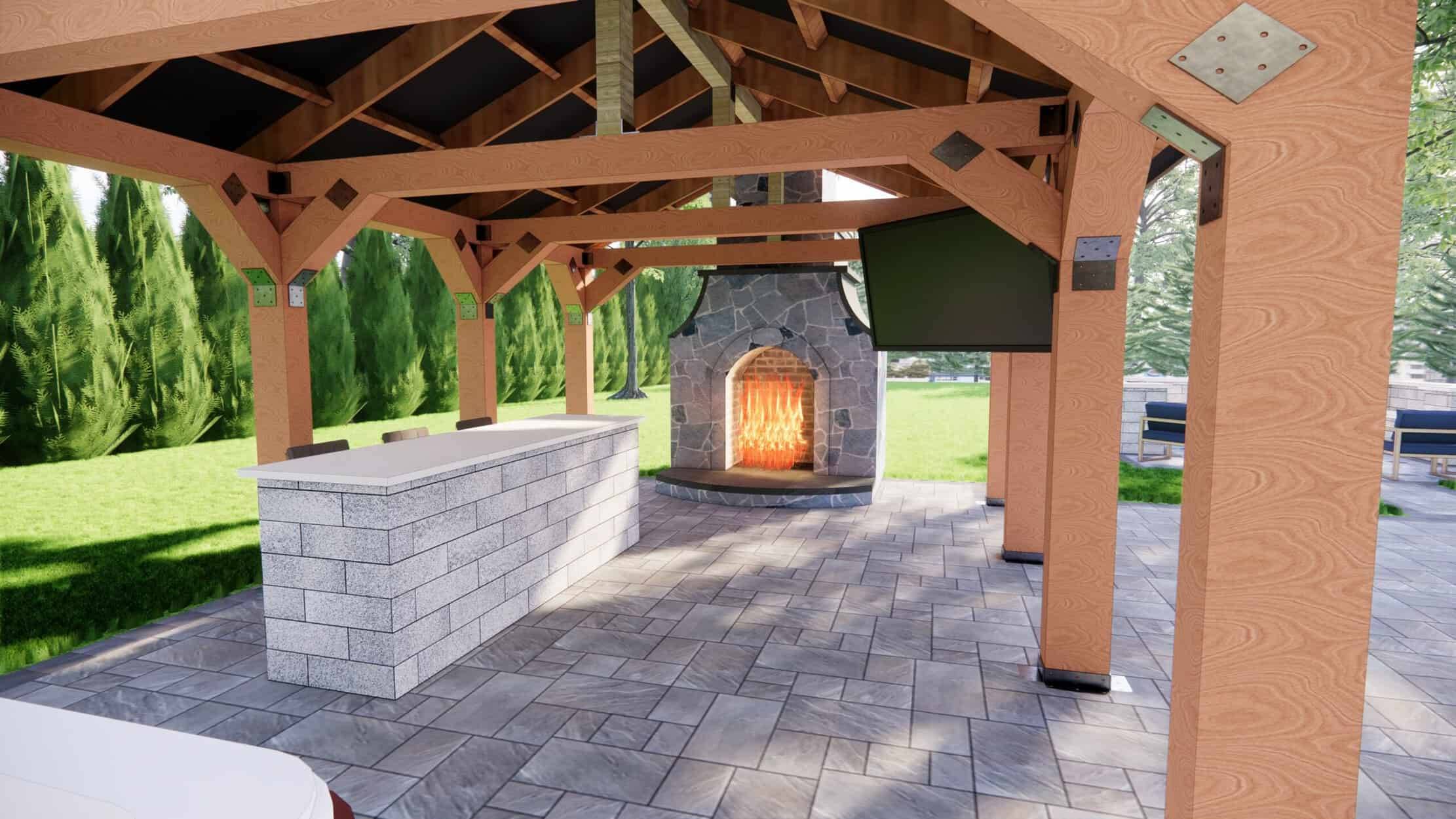 3D design render of a timber-frame pergola with a stone fireplace and outdoor kitchen