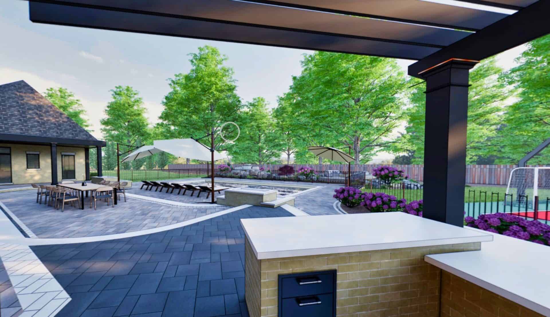 Three-dimensional rendering of a backyard plan with a pool, paved areas, planting, and outdoor living zones